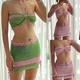 Work Dresses Y2K Crop Top Wrap Hips Skirts Fashion Women Knitted Mini Skirt Suit 2 Piece Sets Backless Pearls Halter Neck Beach Outfits