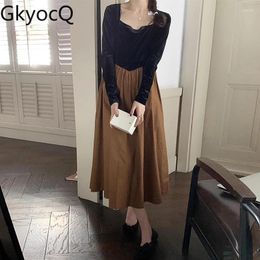 Casual Dresses GkyocQ Korea Chic Autumn Retro Temperament Square Collar Color Collision Splicing A-line Swing Waist Thin Velvet Dress Female