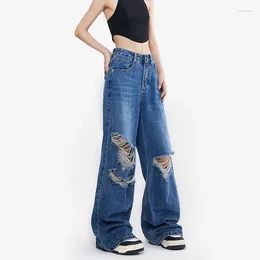 Women's Jeans Women's WCFCX STUDIO For Womans Y2k Streetwear High-Waisted Wide-leg Fashion Baggy Trousers Vintage Torn Floor-length