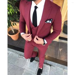 Men's Suits Blazer Men Hombre Costume Jacket Pants Vest Three Piece Red Single Breasted Peaked Lapel Slim Fit Custom Made Groom