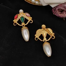 Stud Earrings Retro Medieval Court Ancient Gold-plated Inlaid Glass Rhinestone Imitation Pearl Silver Needle