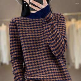 Women's Sweaters Luxury European Style 100 Pure Cashmere Sweater For Women Autumn Winter Half Turtleneck Diamond Grid Fashionable Loose Fit