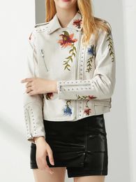 Women's Leather Vintage Women Floral Print Embroidery Pu Faux Jacket Streetwear Female Moto Biker Zipper Coat Punk Outwear