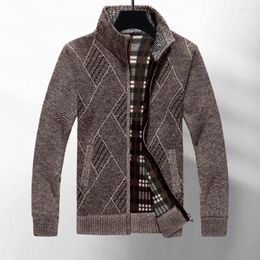 Men's Sweaters Men Knitted Coat Fall Winter Jacket Stand Collar Sweater Zipper Closure Long Sleeve Knitwear Geometric Print Mid Length