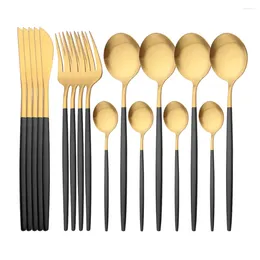 Dinnerware Sets 16Pcs Matte Black Gold Set Stainless Steel Knife Fork Spoon Cutlery Kitchen Silverware Flatware Tableware