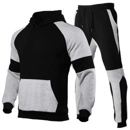 Men's Tracksuits Autumn Winter Tracksuit Men Patchwork Hooded 2 Piece Sets Mens Outfits Suit Mens Fleece Sport Hoodie Pants Two Piece Sets J1023