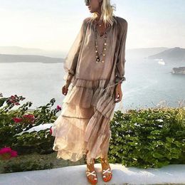 Casual Dresses Ladies Elegant Solid Bohemia Party Dress Vintage Loose Women Beach Fashion Patchwork Mesh Ruffle Chiffon Long