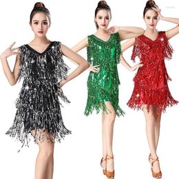 Stage Wear 2023 Sexy Ladies' Sequins Tassel Latin Dance Dress Competition Women's Performance Party Sleeveless