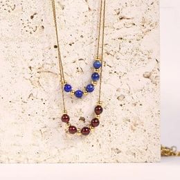 Pendant Necklaces 4mm Lapis Lazuli Garnet Stone Necklace Golden Beads Titanium Steel Chain Reiki Healing Jewelry For Women Men Lovers