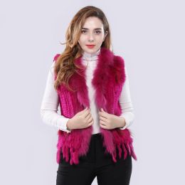 Women Rabbit Fur Vest Spring Autumn Lady Genuine Fur Vests Knitted Tassels Raccoon Fur Trim Collar Sleeveless