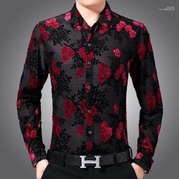 Men's Casual Shirts Flowers Printed For Mens Transparent Clothing 2023 Summer Club Sexy See Through Silk Plus Size1