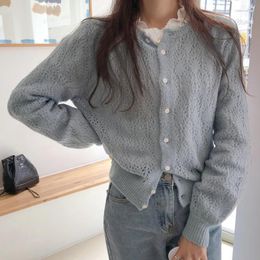 Women's Knits Women's 2023 Fashion Long Sleeve Cardigan Female Casual O-neck Loose White Sweater Coat Lady Elegant Hollow Knitted