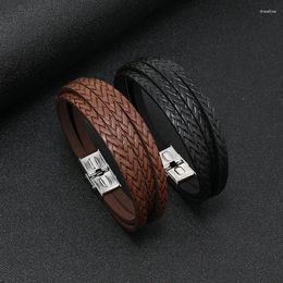 Charm Bracelets Simple Fashionable Men's Leather Bracelet For Men Multi-layered Stainless Steel Buckle Woven