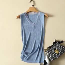 Women's Tanks Solid Knitted Women Tank Tops Summer 2023 Sleeveless Slim Elastic Buttoming Elegant Office Lady Pulls Tees