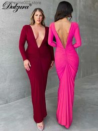 Urban Sexy Dresses Dulzura Deep V-Neck Ruched Solid Maxi Dress Body-Shaping Long Sleeve Elegant Evening Party Sexy 2023 Summer Classic Prom T231023