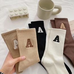 Women Socks Women's Warm Kawaii Letter A Ladies Autumn Winter Korean Style Fashion Solid Color Harajuku Unisex Calcetines Meias