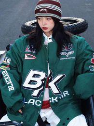 Giacche da donna Giacca da auto da strada vintage Stampa di lettere americane Varsity Cappotto da corsa Techwear verde scuro per uomo Donna Coppie Bomber