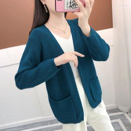 Women's Knits Women's Spring Knitted Sweater Women Loose Short Cardigan Jumpers Ladies Solid Colour V-Neck Big Pocket Long Sleeve Knit