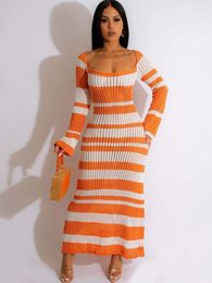 Casual Dresses Autumn Striped Knitted Maxi Dress Women Fall Winter Elegant Hollow Out Sheer Square Collar Long Sleeve Bodycon Clubwear