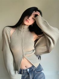 Womens Sweaters Autumn Two Pieces Set Vintage Zipper Cardigan Women Y2k Aesthetic CropSweaterJackets Female Harajuku Knitted Solid Cloak 231023