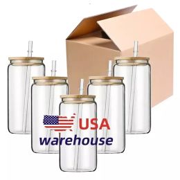 USA CA Warehouse 16ozWasserflaschen DIY leere Sublimationsdosenbecher Bierglasbecher mit Bambusdeckel und Strohhalm für Eiskaffee-Soda