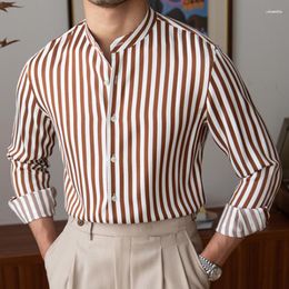 Men's Casual Shirts Men's Button Up Shirt For Men Stand Collar Dress Long Sleeve Gentleman Contrasting Stripes Business Social Luxury