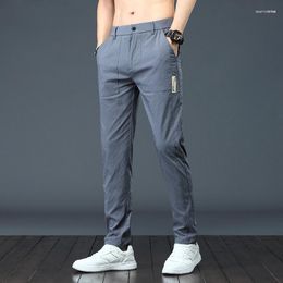 Men's Pants Men's Brand Summer Dark Grey Fashion Twill Stripe Trousers Men Thin Stretch Slim Elastic Waist Korean Casual Male Green