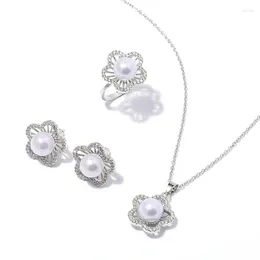 Necklace Earrings Set MYFEIVO Micro-inlaid Zircon Pearl 3 Pieces Bridal Plum Blossom Ring Valentine's Day Gift XXY0071