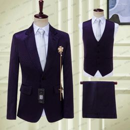 Men's Suits 2023 Men Purple Embossing Wave Point Three Pieces Dress Casual Commuter Office Business Set For Wedding