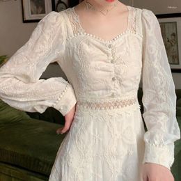 Casual Dresses Lace Embroidery Hollow Party For Women 2023 Spring Autumn Elegant Square Neck Long-sleeved Slim Mid-length Evening Dress