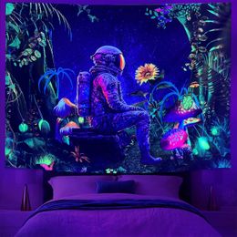 Tapestries 1pc Astronaut Forest Mushroom escent butterfly sun Tapestry Black Light Polyester Wall Hanging For Living Room 231023
