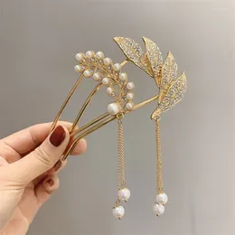 Hair Clips Retro Pearl Gem Leaves Tassel Hairpin Fashion Elegant Sweet Japanese And Korean Golden Accessories Female