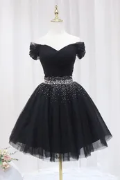 Party Dresses Black Tulle A-Line Short Cocktail For Women V-Neck Off Shoulder Knee Length Back Lace-Up Homecoming Dress With Beading