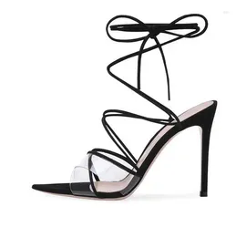 Dress Shoes Sexy Clear PVC Ankle Strap Women Sandals Pointed Toe Cross Thin Heels Pump Lace-up Ladies High Heel