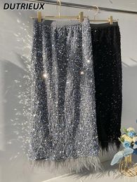 Skirts Female Sequined Mid-Length Hip Skirt Women's Spring Summer High Waist Slim Fit Tassel Feather Stitching Chic Shining Disco