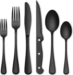 Dinnerware Sets Black Silverware Set Flatware With Steak Knives For 12 -Grade Stainless Steel Cutlery Includes Spoons Forks Kniv
