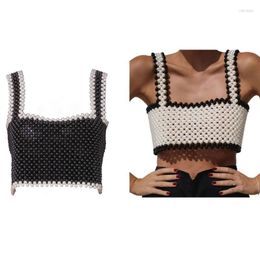 Women's Tanks Women's 2023 Pearls Beaded Sleeveless Crop Tube Top Crisscross Lace-Up Back Camisole Vest For Women Party Rave Nightclub