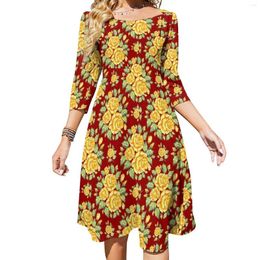 Casual Dresses Retro Rose Floral Dress Yellow Flowers Vintage Spring Sexy Square Collar Aesthetic Design 4XL 5XL 6XL