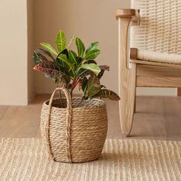 Vases Decorative Basket Natural Straw Handmade Woven Planter With Strong Load-bearing Handle Functional Laundry