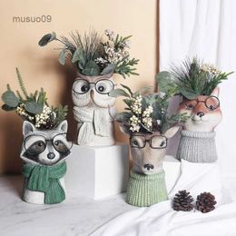 Vases Animal with Glasses Flower Vase Cute Owl Deer Fox Raccoon Resin Flowers Pots Desk Ornament Garden Flowerpot Sculpture CraftL23/10/23