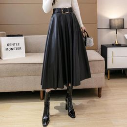 Skirts 2023 Fall PU Leather A-line High Waist Belted Pleated Black Faldas Mid-long Bottoms Jupe 3033