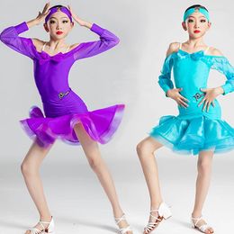 Stage Wear Girls Latin Dance Costumes Long Sleeved Split Skirts Suit Kids Ballroom Chacha Samba Tango Practise Clothes DN10933