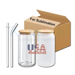 US/CA Stock 16 oz Sublimation Glass Mugs 16OZ Blanks Clear Frosted Glass Juice Soda Jars Cups Tumblers With Bamboo Lid And Plastic Straw