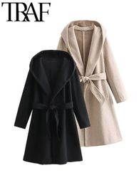 Womens Wool Blends TRAF Oversize Women Trench Coat Thicken Hoodie Long Sleeve With Belt Loose Jacket Female Overcoat Windbreak Winter 231023