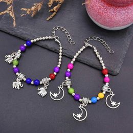 Charm Bracelets Moon Elephant Tassel Pendant Beaded Bracelet For Women Colorful Acrylic Beads Tibetan Ethnic Boho Tribal Jewelry