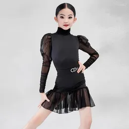 Stage Wear Puff Sleeve Latin Dance Performance Dress Girls Black Bodysuit Skirt Outfit ChaCha Rumba Samba Competition Costume YS5099