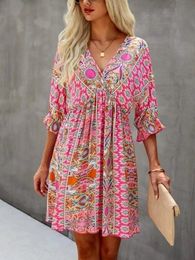 Urban Sexy Dresse s Bohemian Tribal Printed Short sleeved V neck Lace up Summer Shift Dress 231023