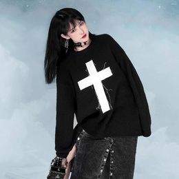Women's Hoodies Autumn Harajuku Gothic Girls Black Cross Pattern Long Sleeve Top Fashion Punk Loose Pullover Cool Girl