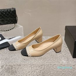 Round splicing chunky heel leather shoe pearl decoration Star style classic fashion metal heel comfortable shoes design platform designer factory