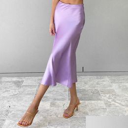 Skirts Summer Solid Purple Satin Silk Skirt Women High Waisted Long 2023 Elegant Ladies Office Midi Spring Drop Delivery Apparel Wom Dhkac